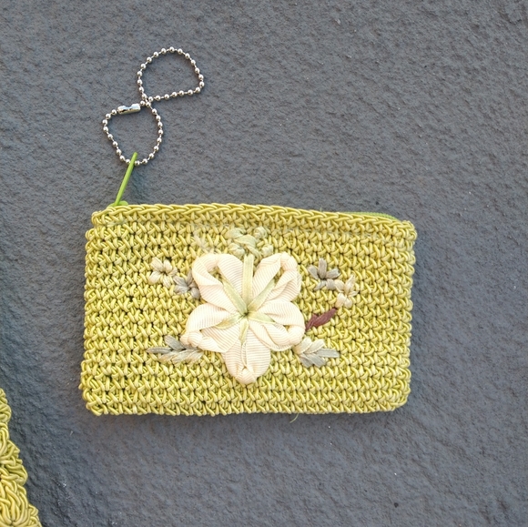 Bohemian Vintage Rayon Woven Embroidered Handbag/wallet set Liz Claiborne Green - Picture 2 of 7